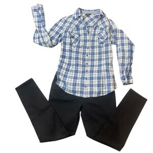 Guess Women’s Blue Plaid Shirt XL & Black Skinny Jeans Set